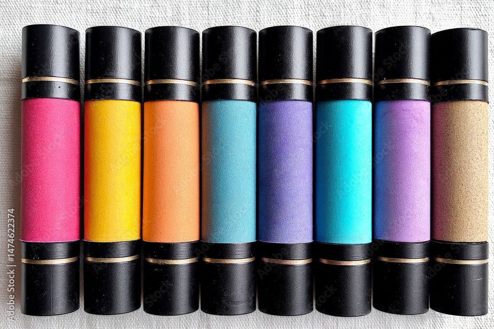 Poster colorful cylindrical markers arranged in a horizontal line on a light background during daytime