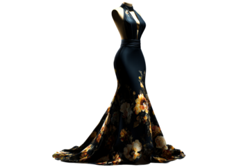 Black floral evening dress on mannequin, transparent bg