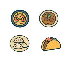  Delicious Global Cuisine Icons: Dumplings, Tacos, Curry, and Shrimp Pasta