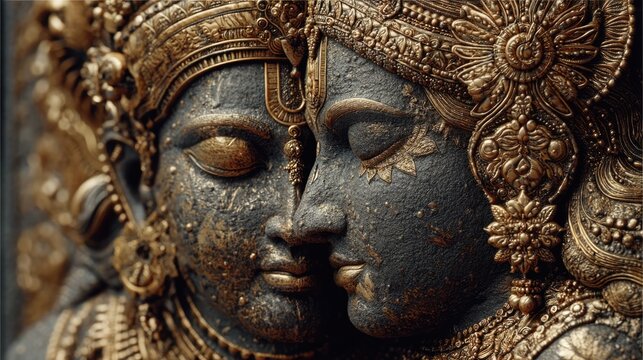 Ardhanarishvara form of shiva and parvati sacred temple artwork spiritual realm close-up view divine unity