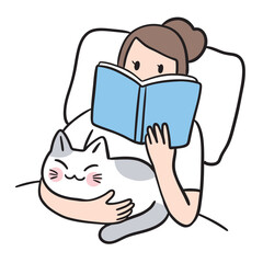 Cute cartoon lines of a woman and a cat on a happy day.