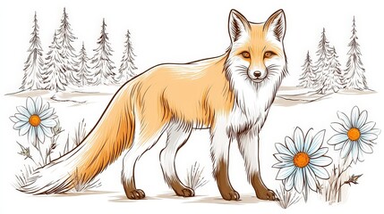 Majestic fox standing in a serene meadow with daisies and pine trees in the background