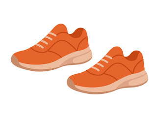 Pair of orange sports sneakers with laces. Modern fashion shoes for gym, fitness, running, walking. Trendy footwear for women and men. Vector flat illustration isolated on white background