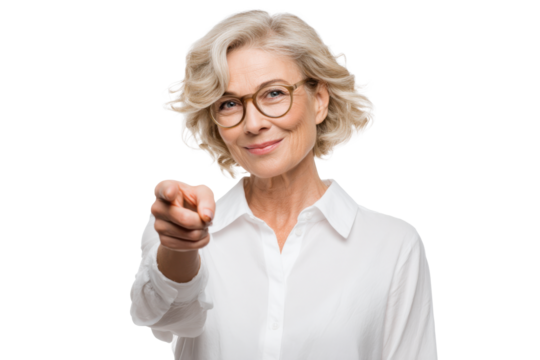 Confident Mature Executive Woman Pointing – Isolated PNG