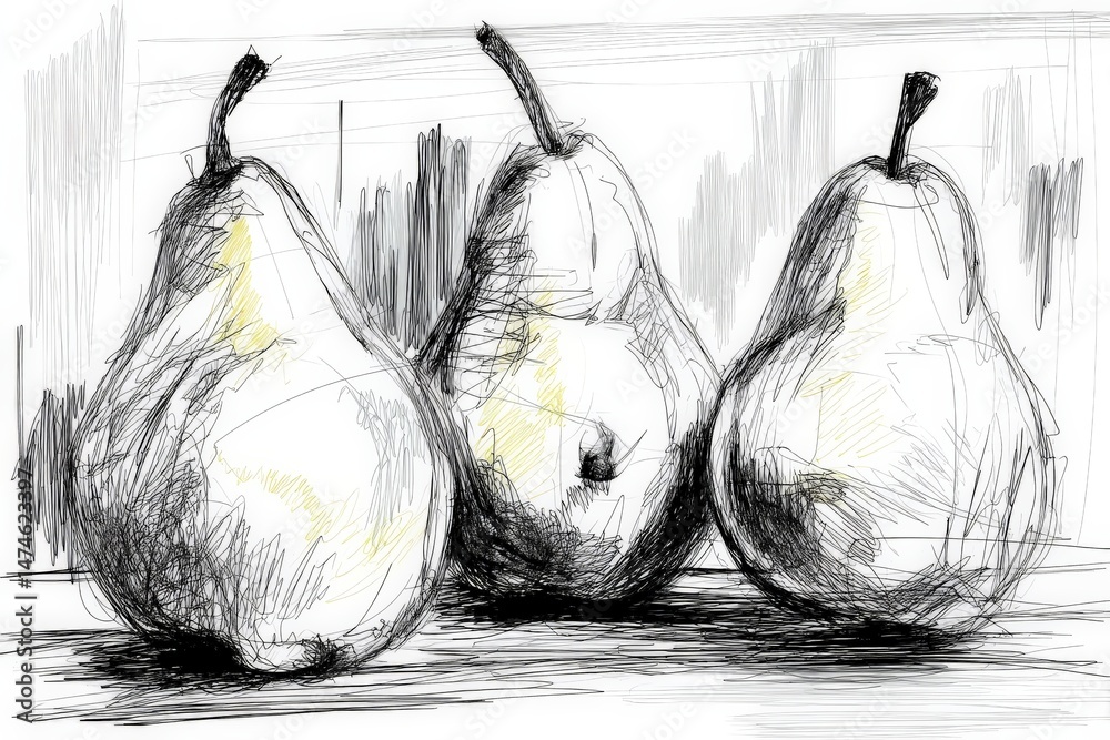 Aufkleber Still life representation of three pears highlighting texture and shape through sketching technique