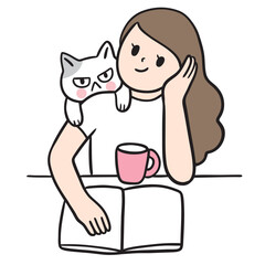 Cute cartoon lines of a woman and a cat on a happy day.