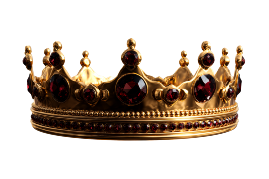 Crown adorned with red gemstones on transparent background