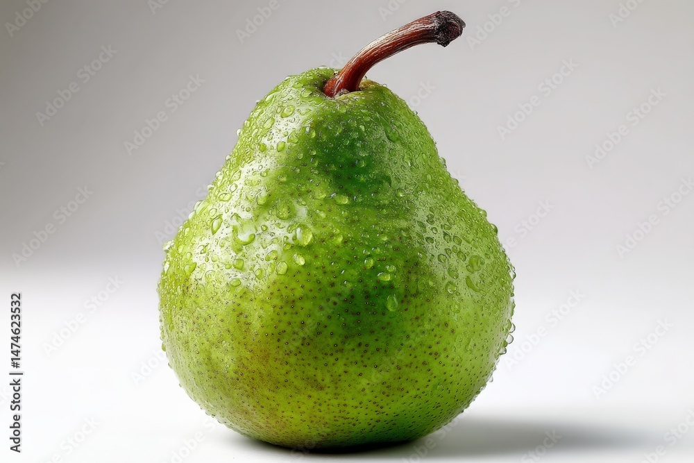 Poster fresh green pear with droplets reflecting light, showcasing its texture and vibrant color
