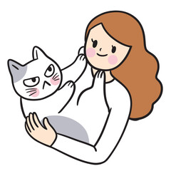 Cute cartoon lines of a woman and a cat on a happy day.
