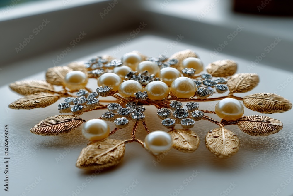 Aufkleber elegant brooch adorned with pearls and gemstones resting on a light-colored surface in soft natural 