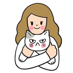 Cute cartoon lines of a woman and a cat on a happy day.