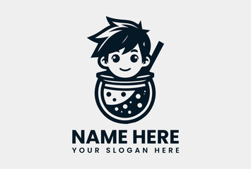 Detailed Boba Boy with Drink Silhouette. Playful Youth Motif Vector Logo