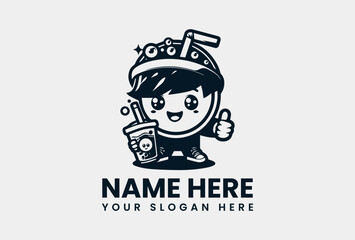 Detailed Boba Boy with Drink Silhouette. Playful Youth Motif Vector Logo