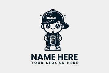 Detailed Boba Boy with Drink Silhouette. Playful Youth Motif Vector Logo