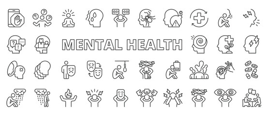 Mental health icons in line design. Mental health, wellness, therapy, depression, anxiety, support, mindfulness on white background vector. Mental health editable stroke icons