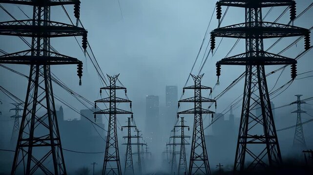 High Voltage Power Lines Stretching Across Foggy Industrial Skyline