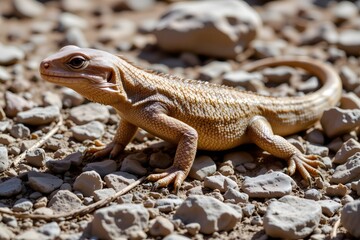 Naklejka premium Desert Lizard basking in the sun: A close-up shot of a desert lizard basking in the warm sunlight, its scaled skin reflecting the harsh environment.
