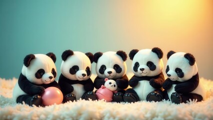 Fototapeta premium Adorable Panda Plush Toys Group Sitting Together on Fluffy Surface