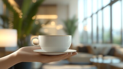 Elegant hand presents a steaming cup and saucer.