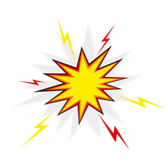 Comic-style explosion with yellow starburst, red outline, and lightning bolts on white background — dynamic burst or impact illustration.