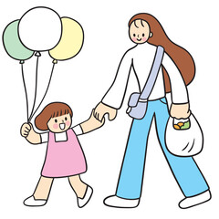 Cute cartoon lines of mother and daughter on a happy day.