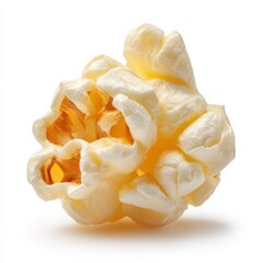 Closeup shot of one cooked single popcorn on white background, Close-up of a single popped popcorn kernel, A close up of a popcorn kernel on white, A white and yellow popcorn kernel, easy to cutout