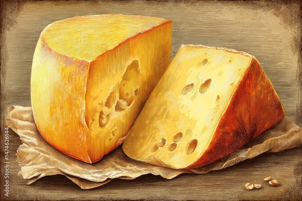 Poster Cheese on a rustic table showcasing rich colors and detailed texture in a warm setting