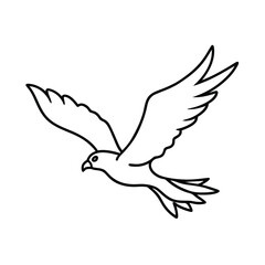 Simple black line art drawing of a flying dove representing freedom peace and hope against a white background