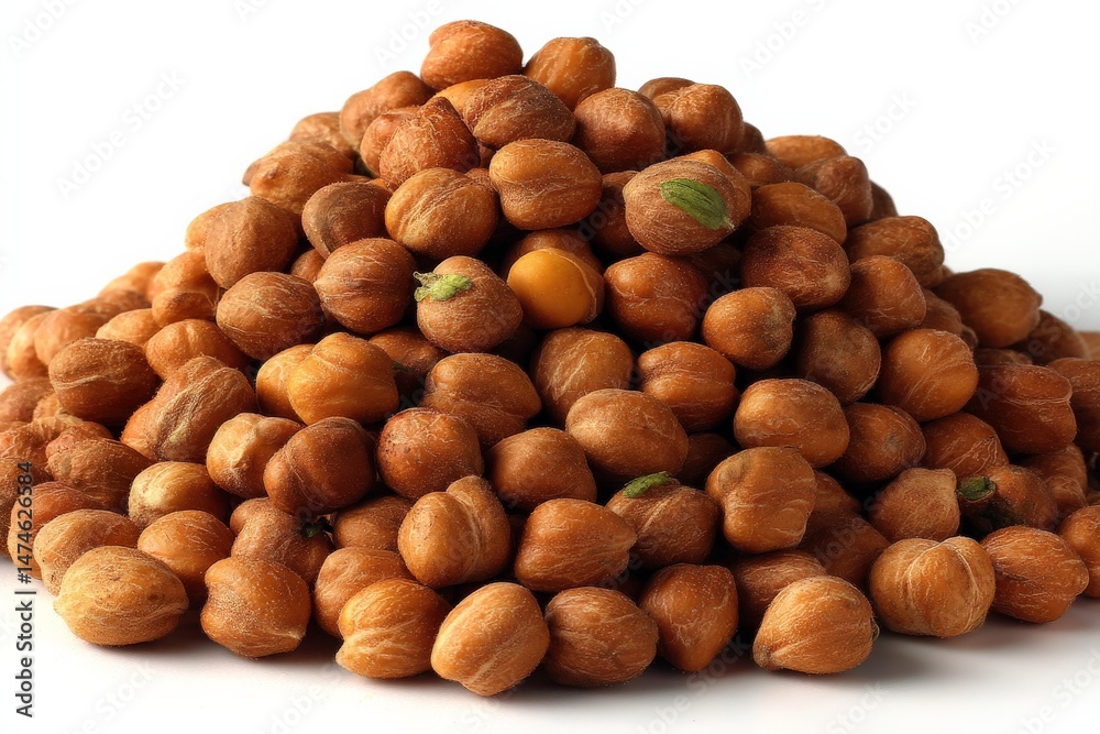 Poster brown hazelnuts piled on a white background showcasing their texture and natural color