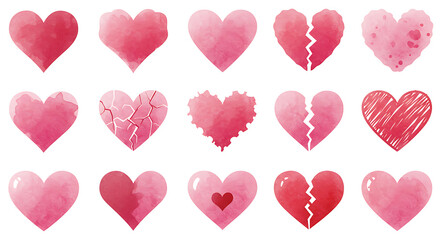 Collection of pink and red watercolor style hearts, illustration set for romantic designs, Valentine's Day, and love concepts.