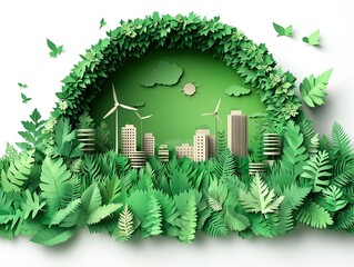 Green City Paper-Cut Art: Wind Turbines and Solar Panels with Buildings on White Background. Vector Illustration for Sustainable Development Campaigns or Education.