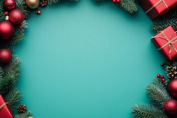 Christmas card with circle frame on turquoise background stock photo