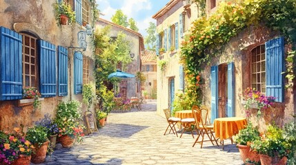 Narrow cobblestone street in a charming European village with yellow and beige stone buildings