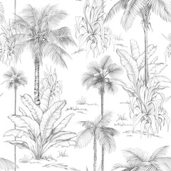 Seamless pattern with hand-drawn palm trees and tropical foliage in pencil sketch style. Monochrome botanical design perfect for fabric, wallpaper, and packaging. Clean and natural look with a vintage