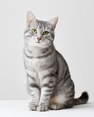Obraz premium Munchkin cat showcasing its unique short legs and detailed silver tabby coat sits alertly against a white background, its bright green eyes reflecting curiosity and awareness