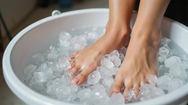 Refreshing feet soaking in ice water for relaxation  