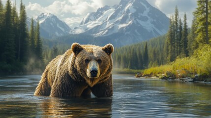 Obraz premium The diverse wildlife of Yellowstone, featuring a close-up of a grizzly bear fishing in a river, with lush forest and mountains in the background