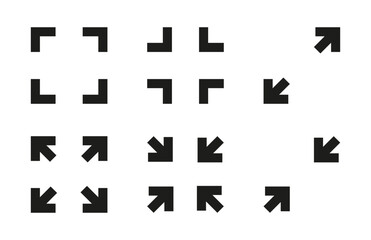 Scalable flat style icons. A set of icons with arrows. A set of icons for the big screen. Zoom icon, full screen mode, screen size, minimize and maximize, small and large display. EPS 10 vector illust