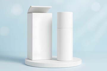 White cosmetic product packaging with open box on circular podium against soft bokeh background