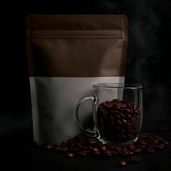 Blank coffee pouch with glass cup filled with roasted coffee beans on dark moody background