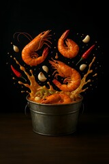 Thai Spicy Shrimp Bucket - Seafood with Garlic and Chili in Artistic Splash Food Photography