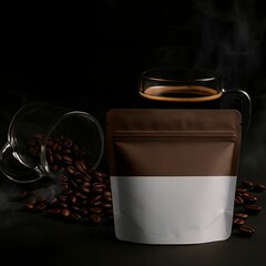 Coffee pouch mockup with glass cup and coffee beans on dark background