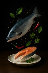Salmon with Thai Herbs - Fresh Salmon Fillet with Asian Herbs in Creative Food Splash Photography