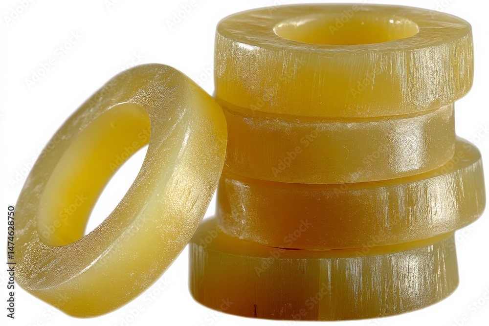Aufkleber bright yellow wax rings stacked neatly on a white surface showing their smooth texture and circular 