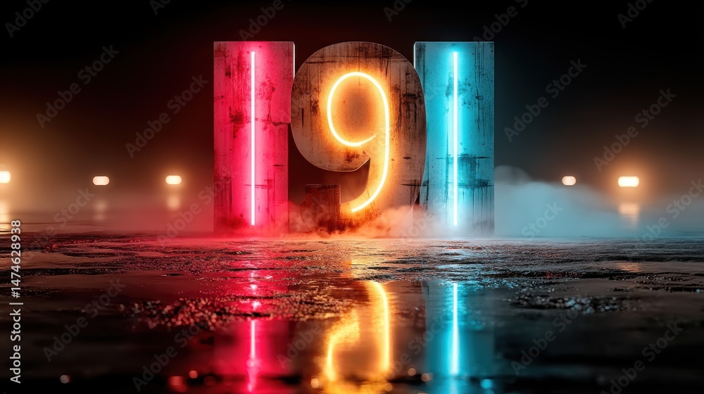 Poster number nine futuristic digital symbol pink blue gradient neon light glowing in the dark 3d rendering