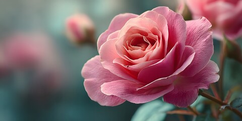 Obraz premium Macro shot of delicate pink rose with velvety soft petals spiraling perfectly. Soft lighting creates subtle shadows, with blurred background.