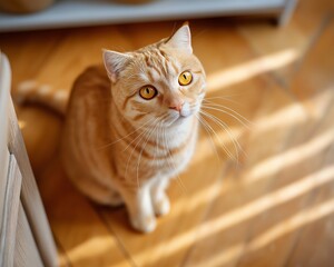 Scottish Fold cat with distinctive folded ears and round eyes sits comfortably in a patch of dappled light on a wooden floor, head tilted and whiskers forward in a cozy home environment