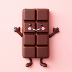 Cute chocolate bar with smiling face on pink background.