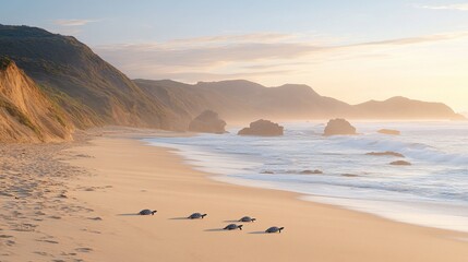Sunrise beach scene with turtles