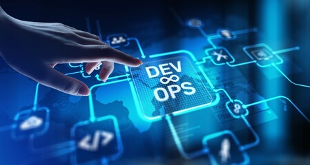 DevOps Development and Operations Integration for Efficient Delivery, projection on a virtual screen, Business and Technology Concept.